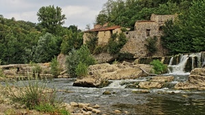 cascata, fiume, alberi, acqua, torrente, casa, rocce, verde, case, casolare