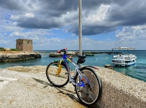 mare, bicicletta, torre, barca, nuvole, ruote