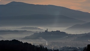 panorama, nebbia, montagne, paesaggio, montagna, borgo, nuvole, alba, cielo, campanile