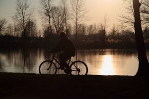 bicicletta, acqua, fiume, controluce, alberi, riflesso, uomo, ruote, tramonto, silhouette, bici, ciclista
