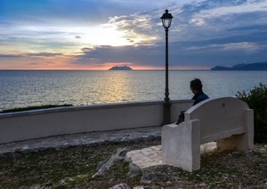 mare, panchina, lampione, tramonto, isola, acqua, cielo