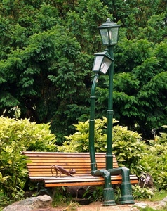 panchina, lampioni, alberi, verde, due, gatto, piante, parco