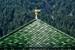 tetto, verde, tegole, alberi, anno, bosco, banderuola