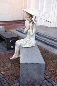 ombrello, statua, bianco, panchina, panchine, donna, gradini, scultura