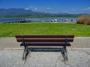 panchina, prato, lago, verde, panorama, acqua, montagna, montagne, erba, pontile