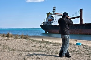 spiaggia, fotografo, nave, mare, sabbia, relitto
