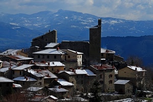 torre, case, neve, montagne, montagna, paese, panorama, tetti, borgo