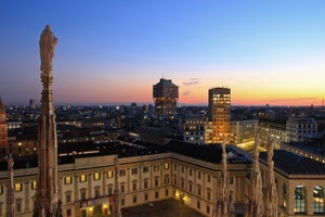 milano, panorama, grattacieli, guglie, statue, luci, palazzi, cielo, città, tramonto