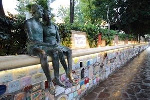 statue, muretto, muro, due, innamorati, alberi, strada, siepe, prospettiva, piante