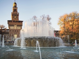 fontana, castello, milano, acqua, spruzzi, albero, torre, orologio