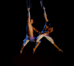 due, acrobati, gambe, uomini, atleti, nero, braccia, sospesi, circo, muscoli, nastri