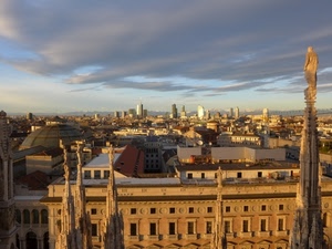 nuvole, cielo, tetti, statue, grattacieli, città, guglie, panorama, finestre, palazzi, milano, duomo, cupola