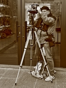 fotografo, cavalletto, vetrina, seppia, negozio, zaino, bianconero, bianco, attrezzatura