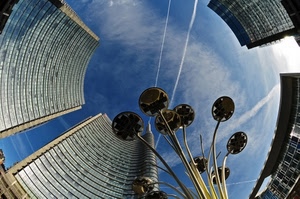 grattacieli, cielo, lampione, milano, nuvole, palazzi, lampioni, azzurro, prospettiva