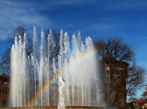 arcobaleno, fontana, acqua, castello, cielo, spruzzi, zampilli, torre, alberi