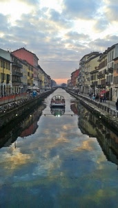 barca, canale, riflesso, nuvole, acqua, case, cielo, palazzi, milano