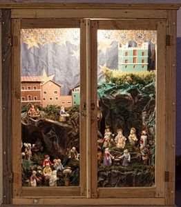 finestra, presepe, case, statuine, natale, legno, pastori, presepio, madonna, stelle, vetro, bambino, natività