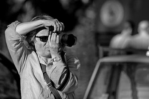 fotografo, bianconero, orologio, obiettivo, mani, macchina, ritratto