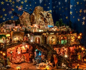 stelle, luci, presepe, pecore, pastori, statuine, case, natività, natale, giuseppe, presepio, notte, cometa, capanna, maria, madonna, casette, blu, gesù