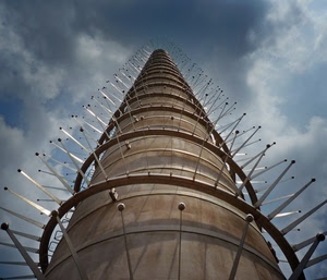 cielo, nuvole, prospettiva, torre, spirale, sfere, ferro, metallo, ciminiera, aste, acciaio, cilindro, spilli, cerchi