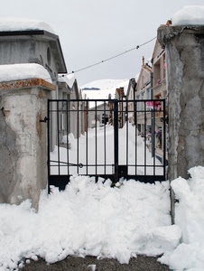 neve, cancello, cimitero, case, inverno, bianco, tombe, chiuso, ferro