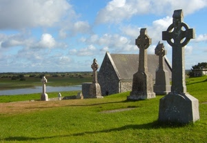 cimitero, croci, prato, nuvole, tombe, erba, verde, chiesa