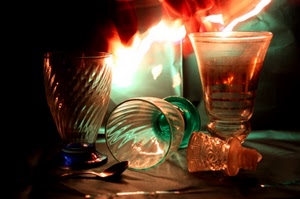 bicchieri, vetro, tappo, colori, luci, cucchiaio, cucchiaino, tre, fuoco