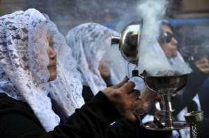 donne, fumo, velo, bianco, veli, mano, incenso, mani, devote