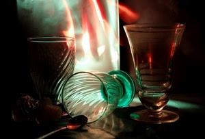 bicchieri, cucchiaino, verde, vetro, rosso, tre, tappo, trasparenza, bicchiere, luce