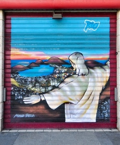 cristo, serranda, murales, saracinesca, azzurro, mare, rio, disegno, dipinto, brasile, panorama, cielo, firma, bianco, negozio