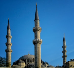 azzurro, cielo, tre, minareti, cupola, torri, moschea, minareto, turchia, cupole