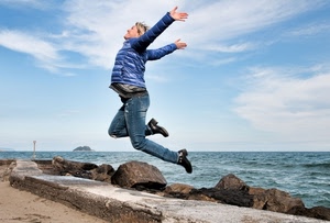 mare, salto, donna, scogli, isola, acqua, rocce, blu, cielo, gioia, saltare