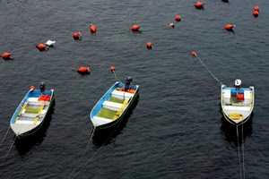 barche, tre, mare, acqua, galleggianti, boe, boa, arancione