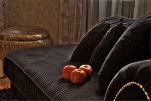 mele, tre, divano, cuscini, frutta, nero, rosse, cibo