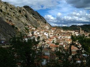 nuvole, alberi, montagna, case, paese, cielo, montagne, rocce, panorama, borgo