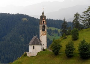 campanile, chiesa, alberi, orologio, montagna, verde, piante