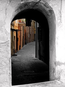 vicolo, arco, bicicletta, case, porta, porte, tombino, portico