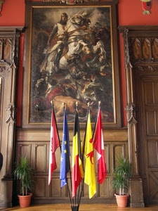 bandiere, piante, quadro, cavaliere, dipinto, cavallo, vasi, porte