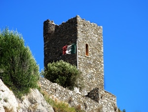 torre, bandiera, cielo, finestra, cespugli, pietre, rocca, pietra, albero, roccia, piante, alberi, tricolore