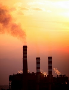 ciminiere, fumo, tre, tramonto, rosso, cielo, inquinamento, arancio