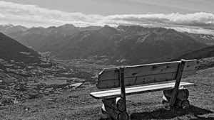 panchina, montagne, panorama, bianconero, nuvole, montagna, legno, valle, vallata, cielo, vista