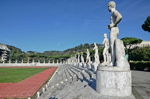 statue, stadio, alberi, pista, verde, roma, gradini, campo, erba, atletica, gradinata, gradinate, marmi, azzurro, cielo, bianco, italico, prospettiva, sculture, scalini, marmo, foro, atleti