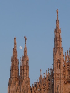 luna, guglie, duomo, statue, cielo, milano