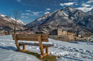 panchina, neve, montagna, inverno, panorama, nuvole, castello, legno, bianco