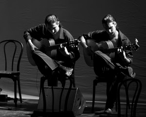 musicisti, chitarre, bianconero, sedie, chitarristi, due, musica, uomini, luce, sedia