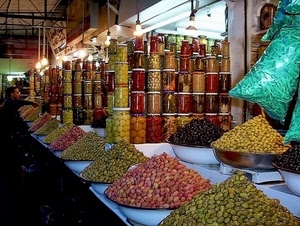 olive, mercato, vasi, barattoli, cibo, colori, vasetti, vetro, vassoi