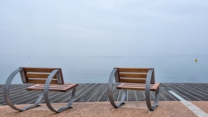 mare, sedie, legno, boa, due, panchine, orizzonte