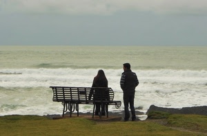 mare, panchina, onde, persone, coppia, due, spiaggia, schiuma
