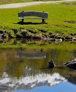 panchina, lago, acqua, verde, riflesso, prato, montagna, strada, erba, riflessi