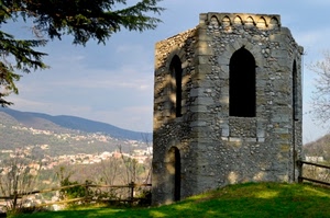 torre, prato, verde, staccionata, finestre, panorama, finestra, rami, pietra, arco, albero
